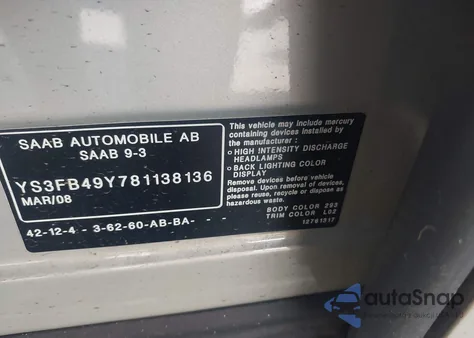 2008 Saab 9-3 2.0T from USA, damaged, VIN YS3FB49Y781138136